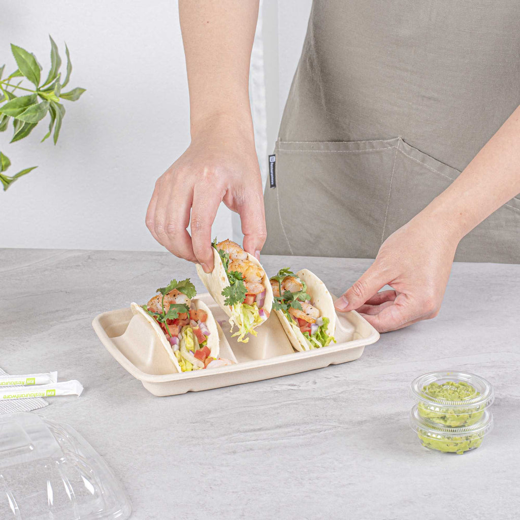 Pulp Safe No PFAS Added Natural Sugarcane / Bagasse Taco Holder Tray - 3 Dividers, Home Compostable - 9" x 6 1/2" x 1 3/4" - 50 count box