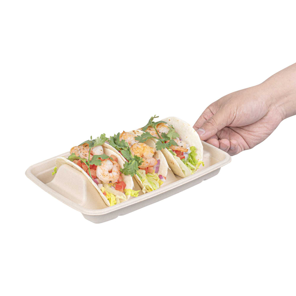 Pulp Safe No PFAS Added Natural Sugarcane / Bagasse Taco Holder Tray - 3 Dividers, Home Compostable - 9" x 6 1/2" x 1 3/4" - 100 count box