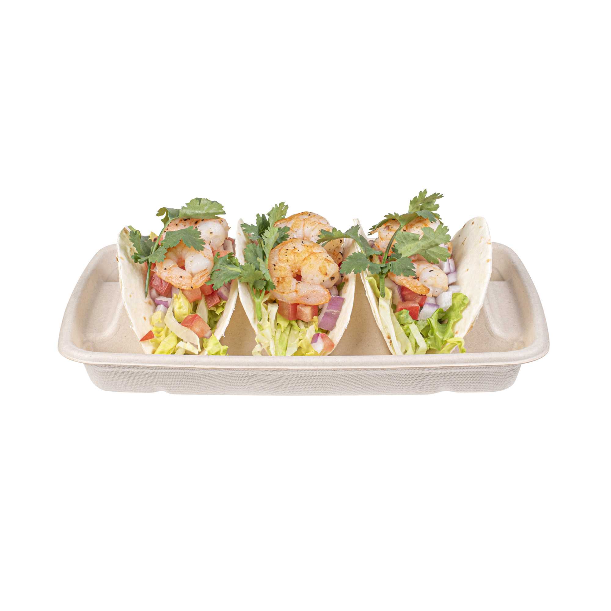 Pulp Safe No PFAS Added Natural Sugarcane / Bagasse Taco Holder Tray - 3 Dividers, Home Compostable - 9" x 6 1/2" x 1 3/4" - 100 count box