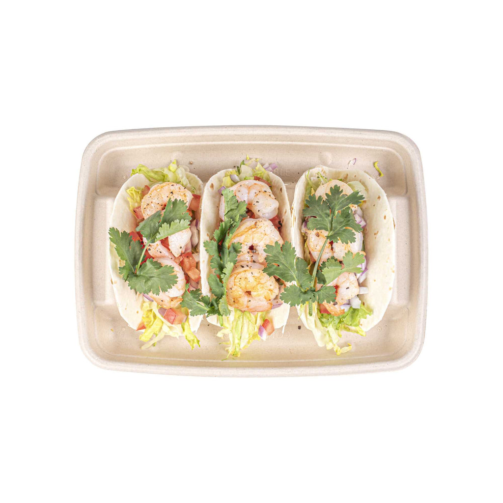 Pulp Safe No PFAS Added Natural Sugarcane / Bagasse Taco Holder Tray - 3 Dividers, Home Compostable - 9" x 6 1/2" x 1 3/4" - 100 count box