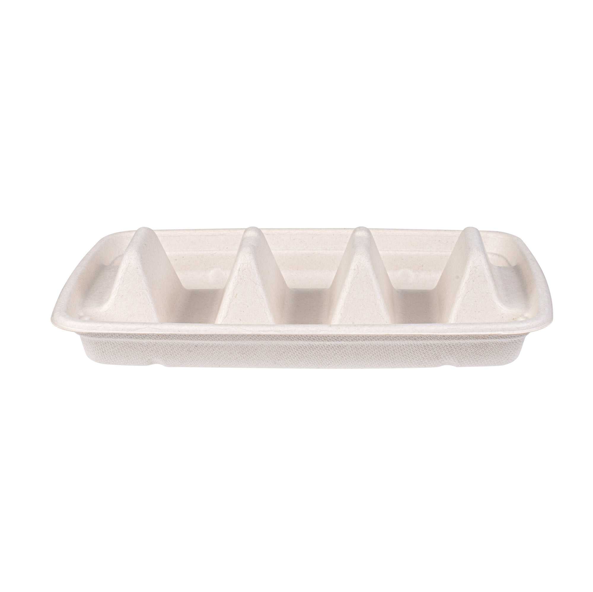 Pulp Safe No PFAS Added Natural Sugarcane / Bagasse Taco Holder Tray - 3 Dividers, Home Compostable - 9" x 6 1/2" x 1 3/4" - 100 count box