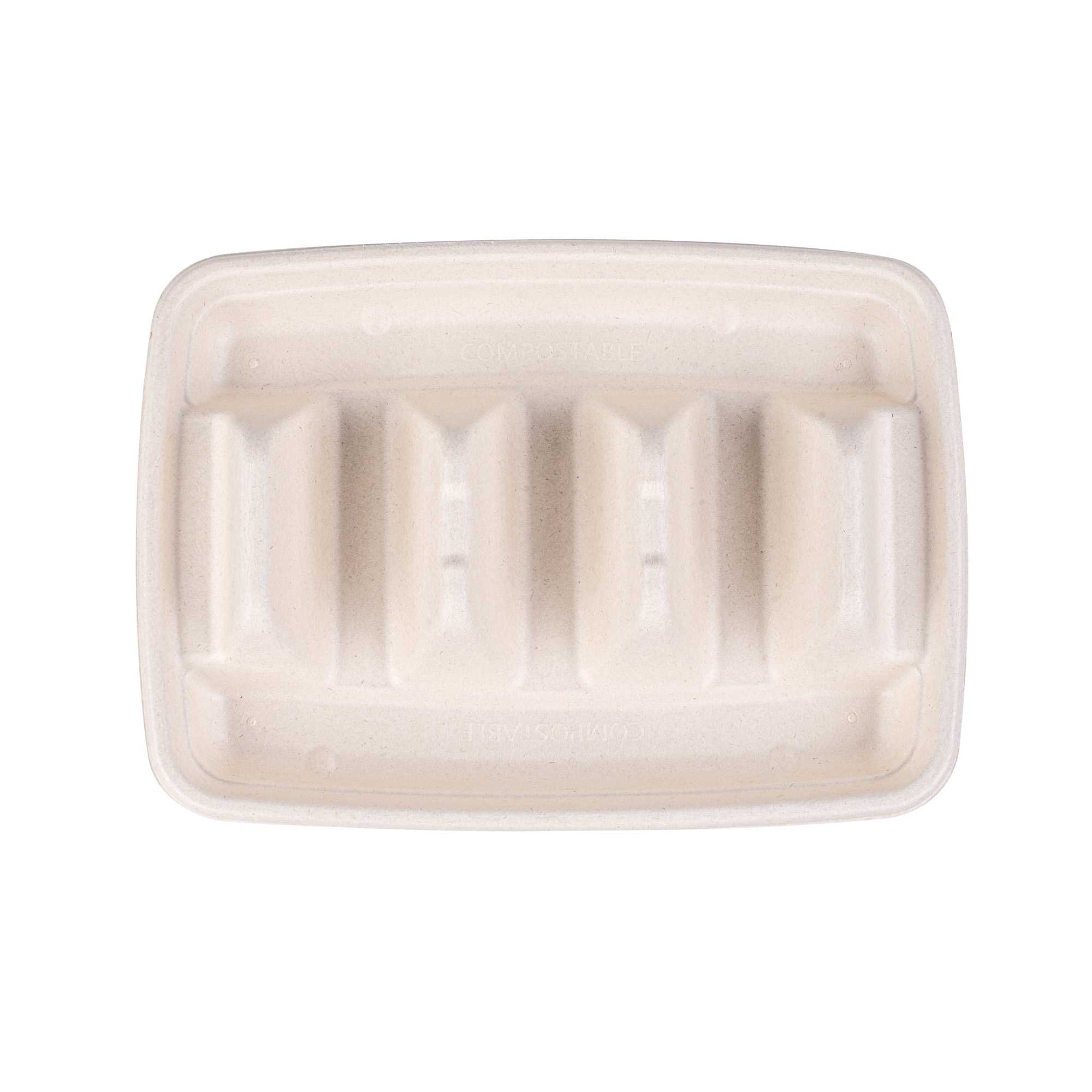 Pulp Safe No PFAS Added Natural Sugarcane / Bagasse Taco Holder Tray - 3 Dividers, Home Compostable - 9" x 6 1/2" x 1 3/4" - 100 count box
