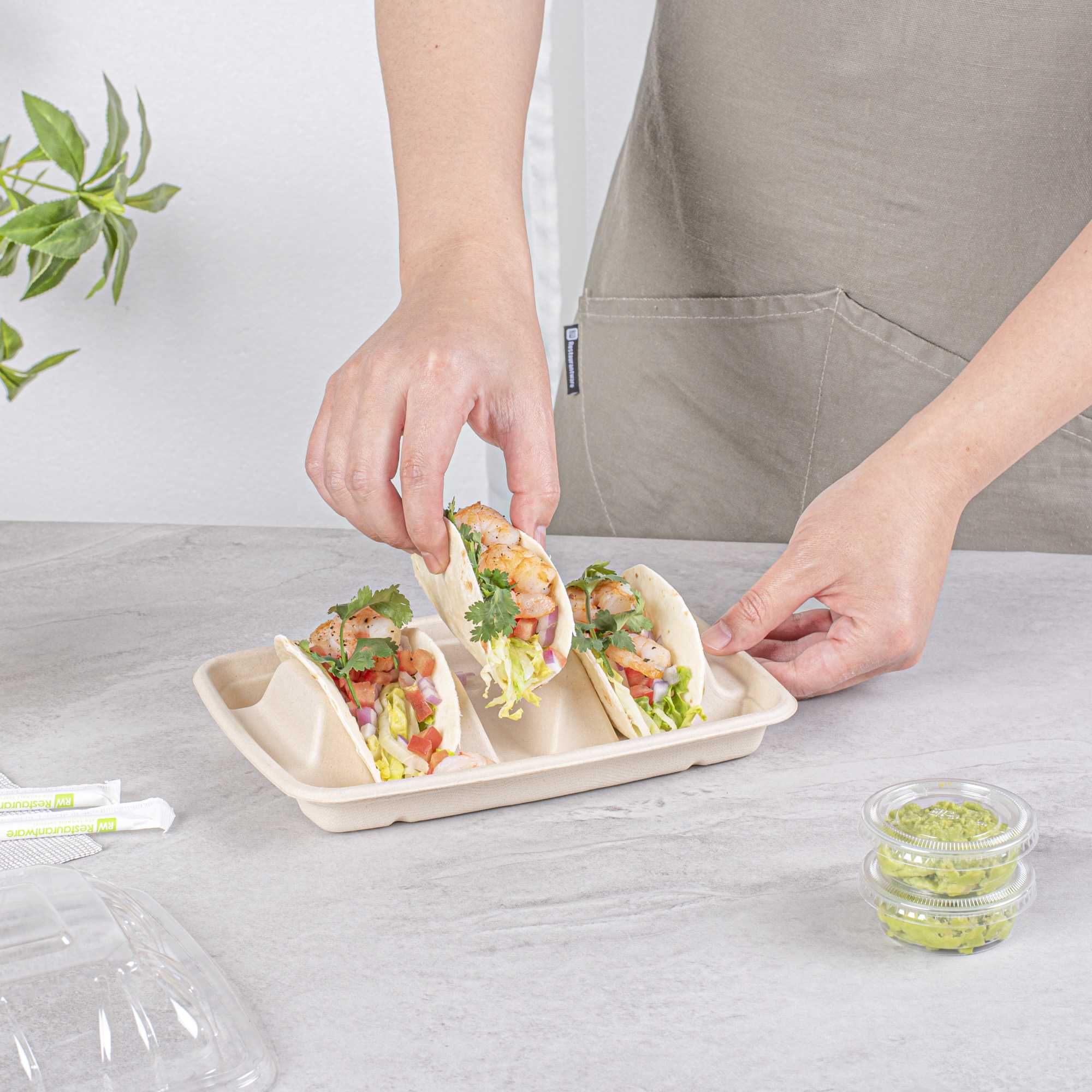 Pulp Safe No PFAS Added Natural Sugarcane / Bagasse Taco Holder Tray - 3 Dividers, Home Compostable - 9" x 6 1/2" x 1 3/4" - 100 count box