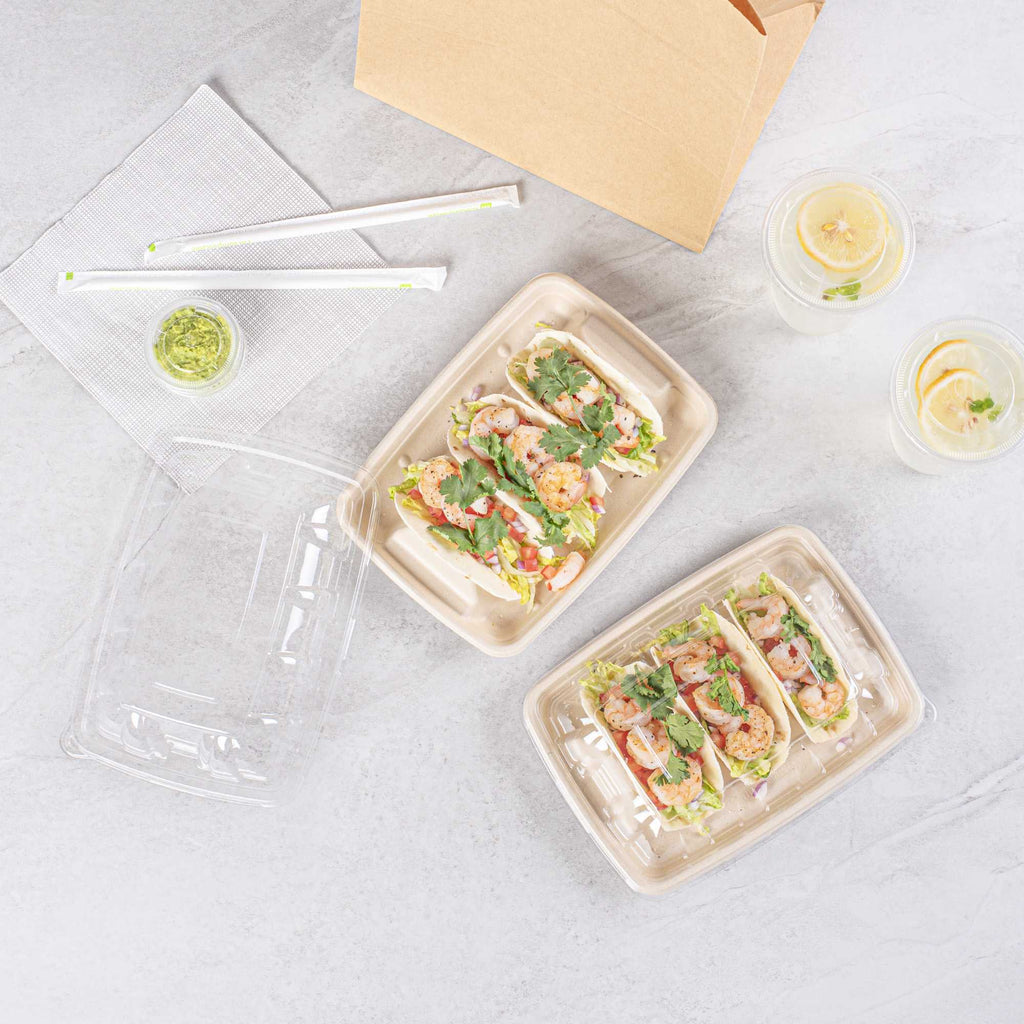 Pulp Safe No PFAS Added Natural Sugarcane / Bagasse Taco Holder Tray - 3 Dividers, Home Compostable - 9" x 6 1/2" x 1 3/4" - 100 count box