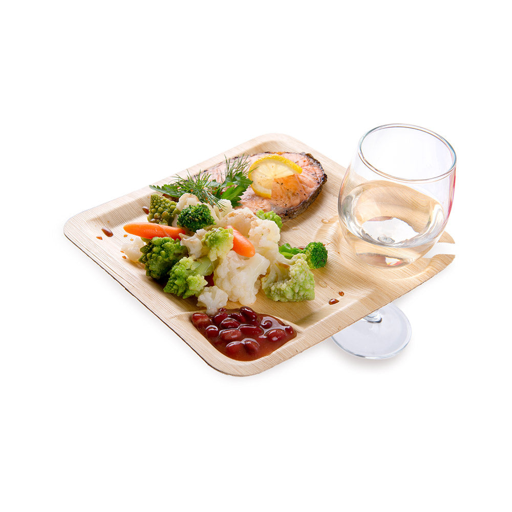 Bambuddha Square Natural Bamboo Leaf Plate with Cup Holder - 9" x 9" x 1/2" - 50 count box