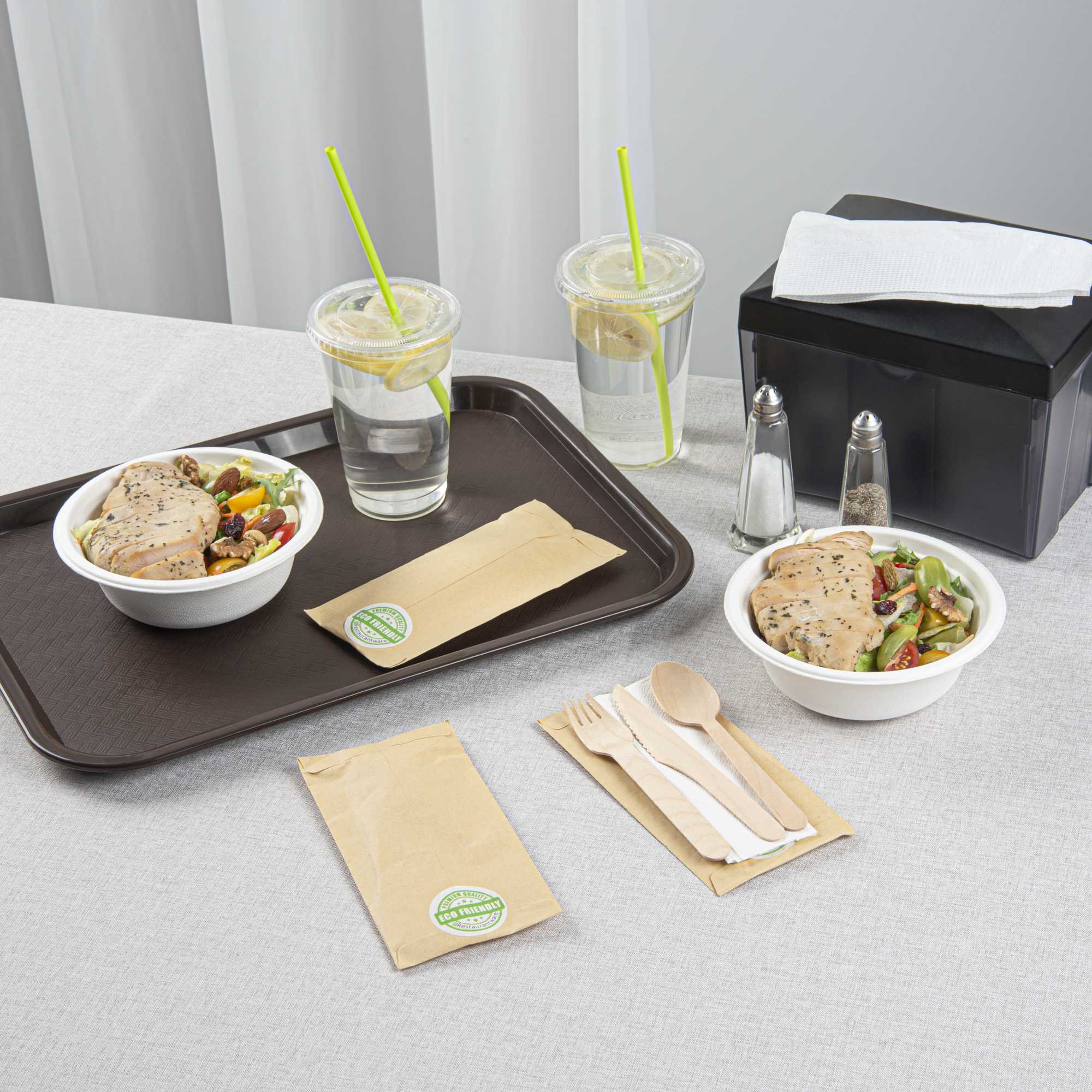 Eco Luxe Natural Wood Cutlery Set - with Napkin and Paper Pouch - 7" x 3 1/2" - 100 count box