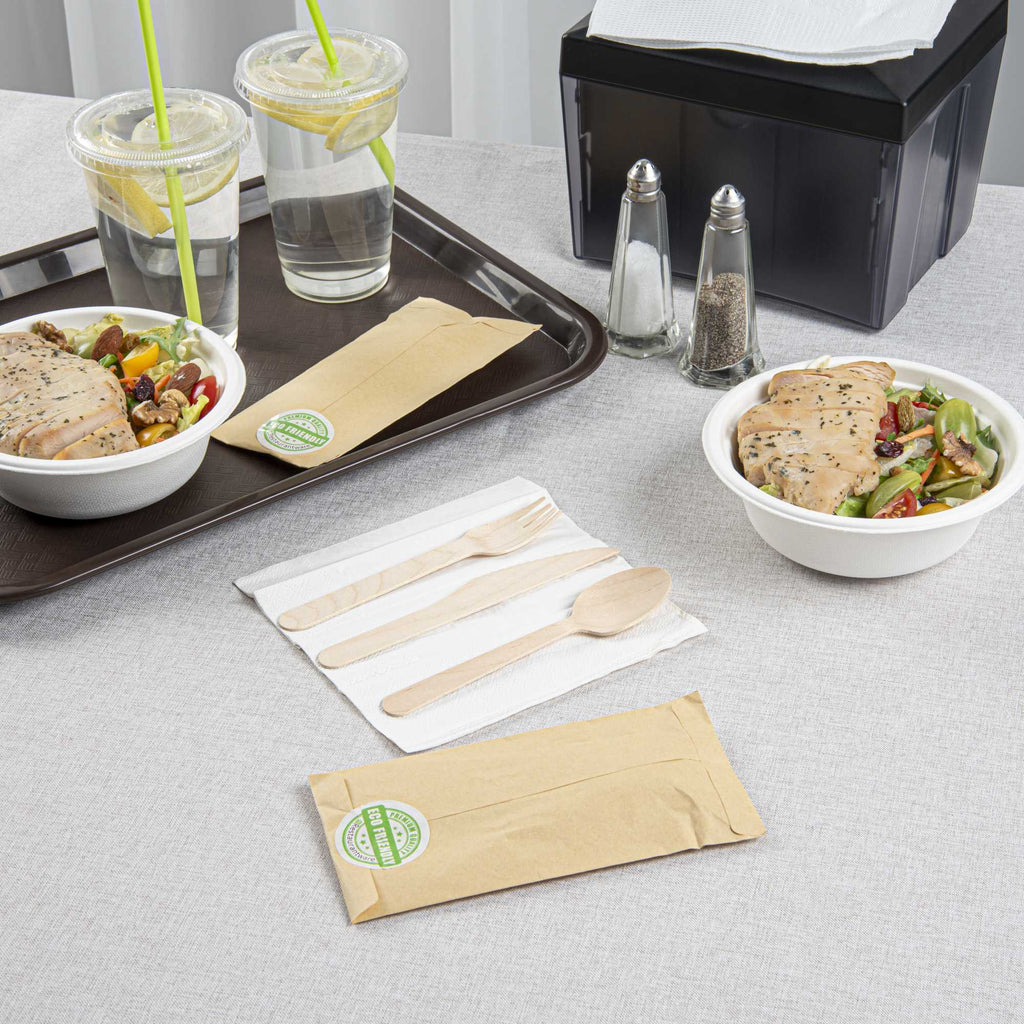 Eco Luxe Natural Wood Cutlery Set - with Napkin and Paper Pouch - 7" x 3 1/2" - 100 count box