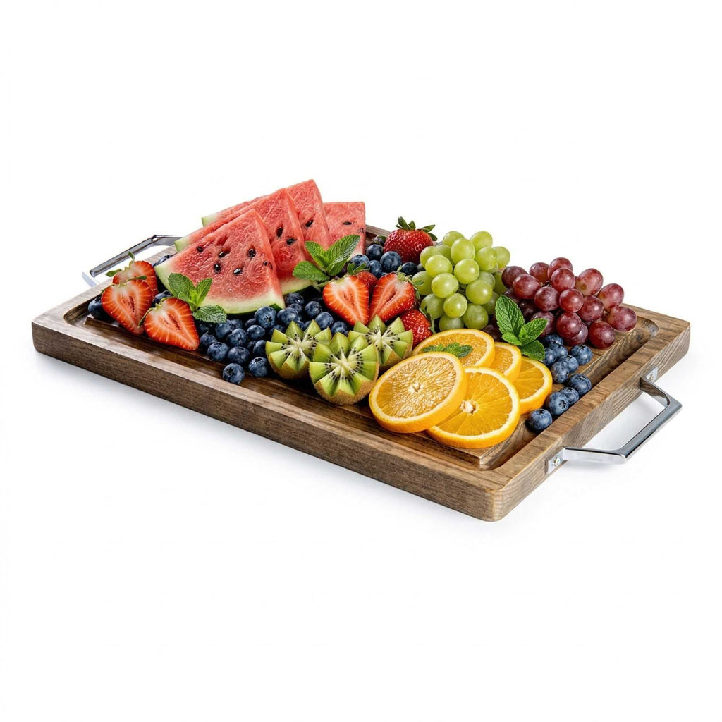 Eco Display Campagna Rectangle Natural Wood Small Serving and Cutting Board - Chrome Hardware - 21 1/2" x 12" x 1" - 1 count box