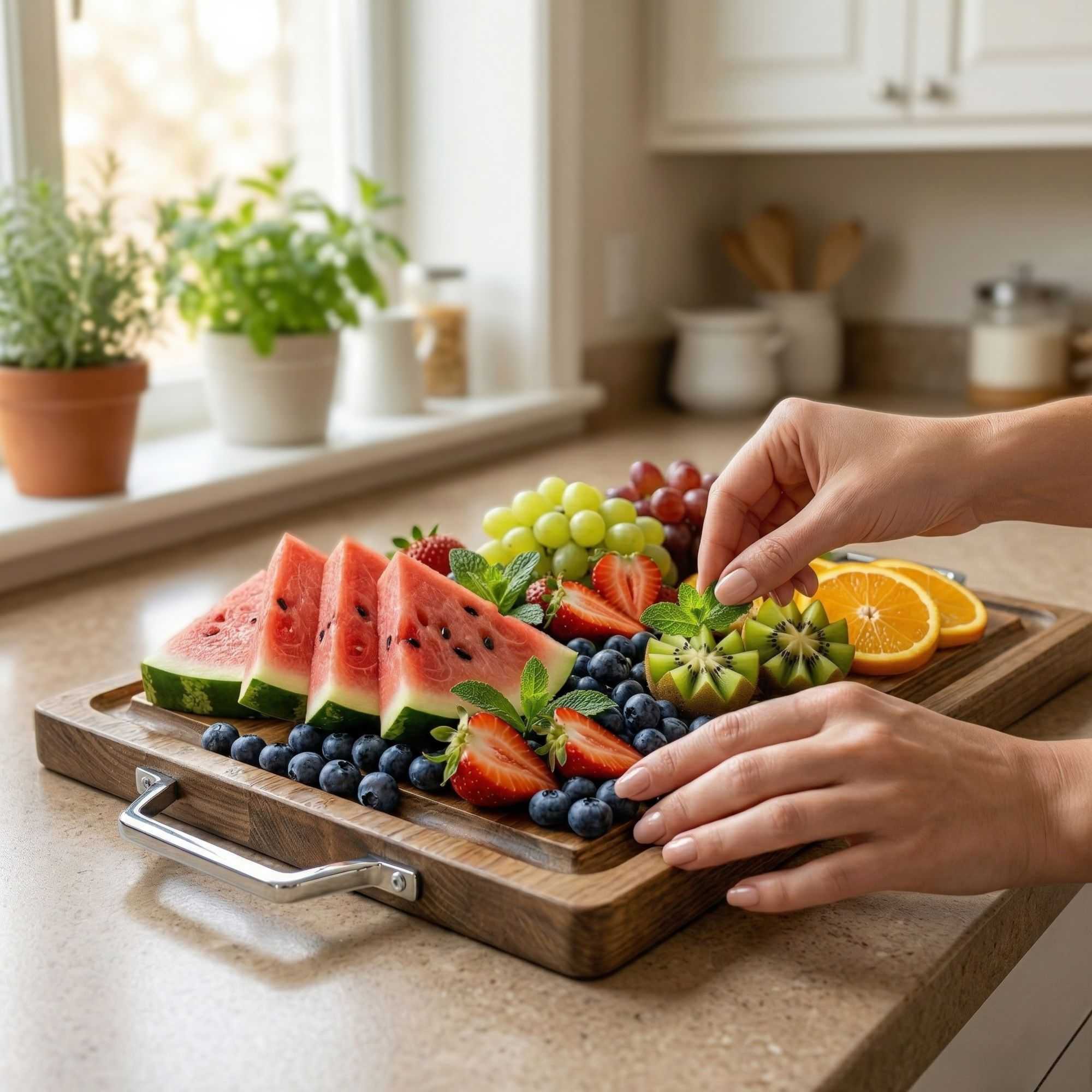 Eco Display Campagna Rectangle Natural Wood Small Serving and Cutting Board - Chrome Hardware - 21 1/2" x 12" x 1" - 1 count box