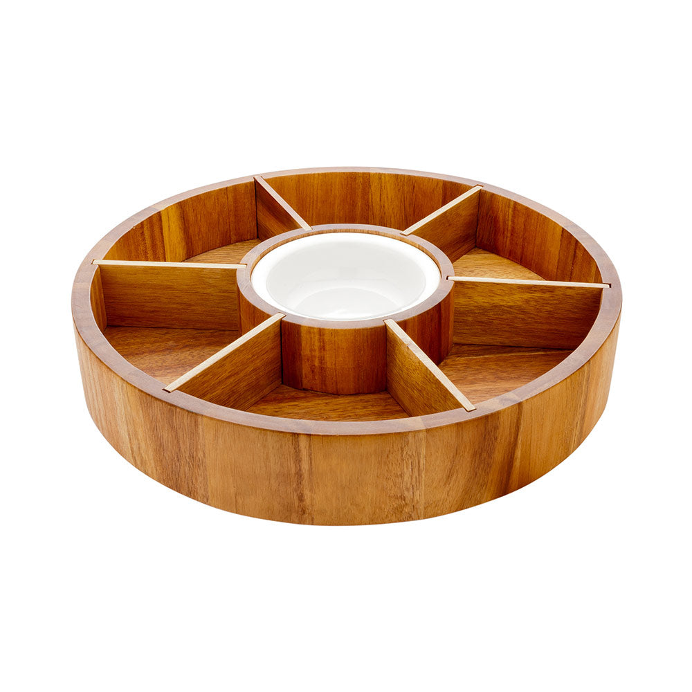 Eco Display Aperitivo Round Natural Acacia Chip and Dip Plate - 6 Compartments, Porcelain Bowl - 12" x 12" x 1 1/2" - 1 count box