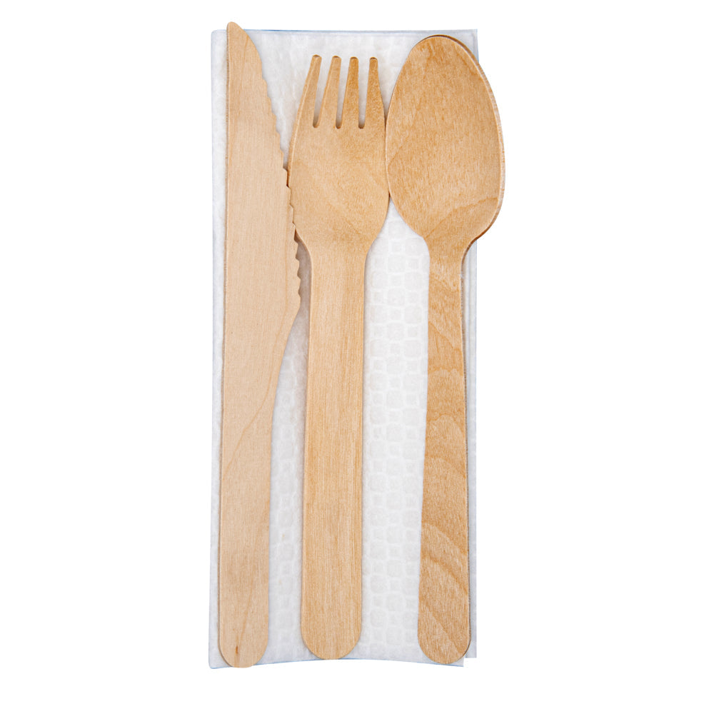 Eco Luxe Natural Wood Flatware Kit - Tied with Twine, with White Napkin - 6 1/2" x 1 1/2" x 1/2" - 100 count box