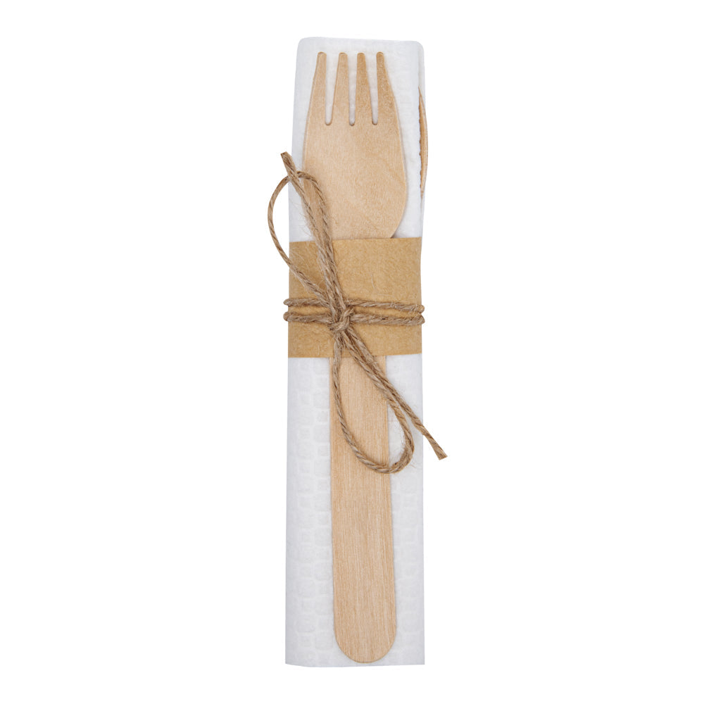 Eco Luxe Natural Wood Flatware Kit - Tied with Twine, with White Napkin - 6 1/2" x 1 1/2" x 1/2" - 100 count box