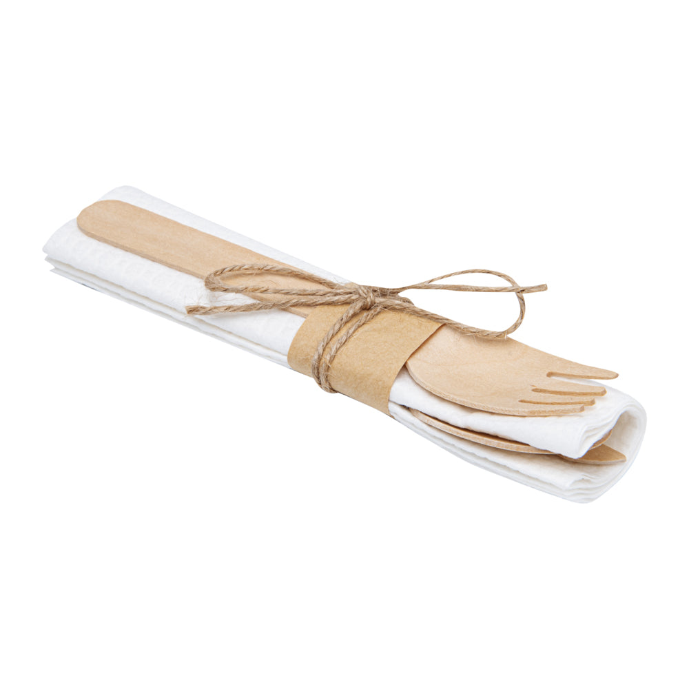 Eco Luxe Natural Wood Flatware Kit - Tied with Twine, with White Napkin - 6 1/2" x 1 1/2" x 1/2" - 100 count box