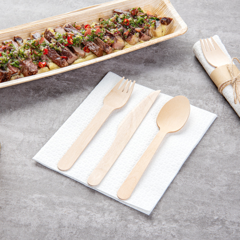 Eco Luxe Natural Wood Flatware Kit - Tied with Twine, with White Napkin - 6 1/2" x 1 1/2" x 1/2" - 100 count box