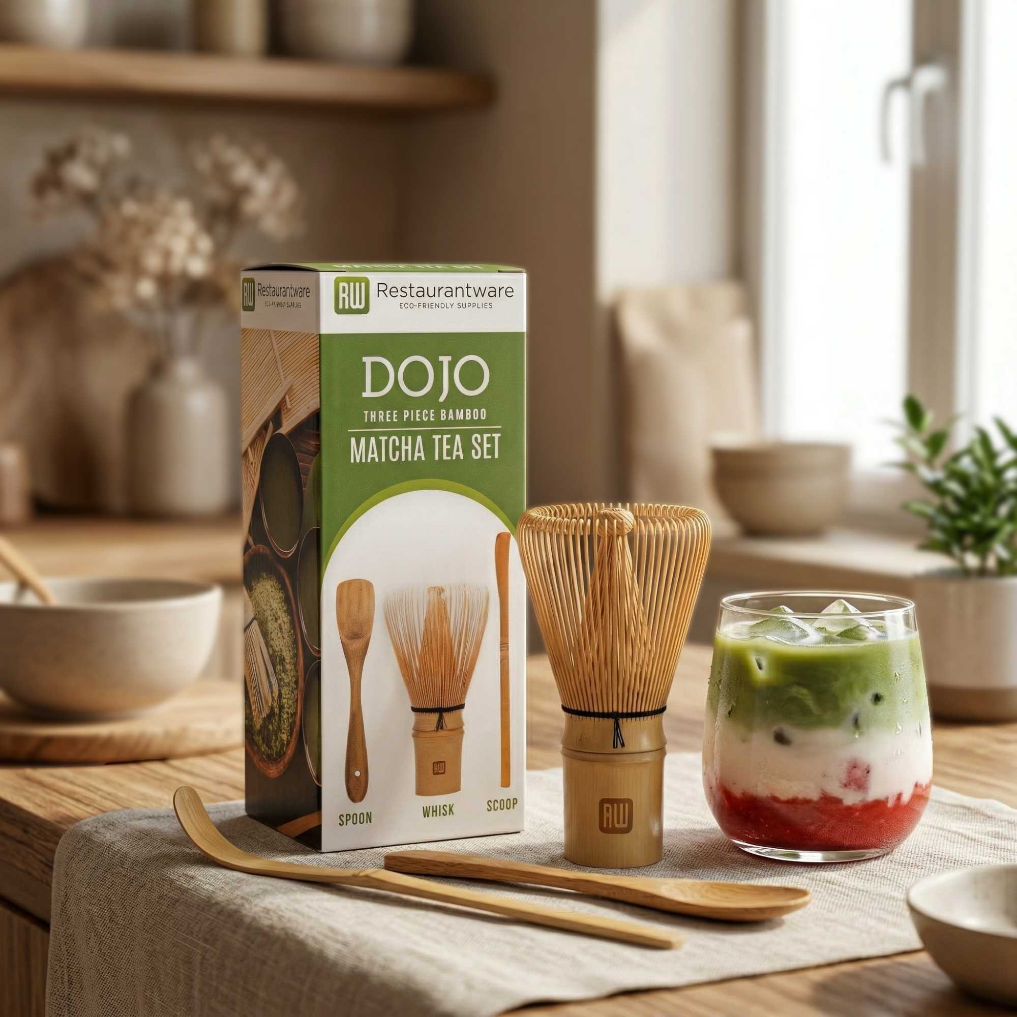 Dojo Natural Bamboo Matcha Tea Set - 3-Piece - 2 3/4" x 2 1/2" x 6 3/4" - 1 count box