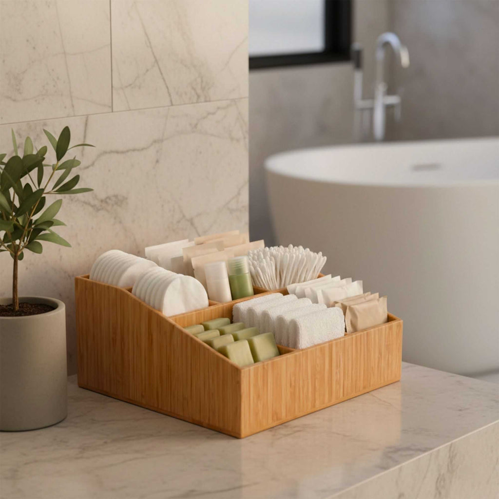 Bambuddha Square Natural Bamboo Condiment Organizer - 9 Compartments - 11 3/4" x 11 3/4" x 5 1/2" - 1 count box
