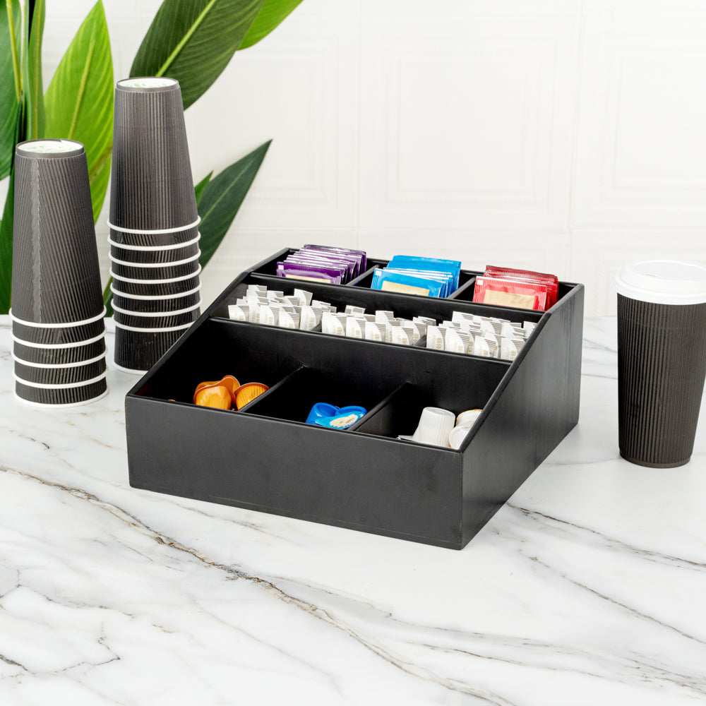 Bambuddha Square Black Bamboo Condiment Organizer - 9 Compartments - 11 3/4" x 11 3/4" x 5 1/2" - 1 count box