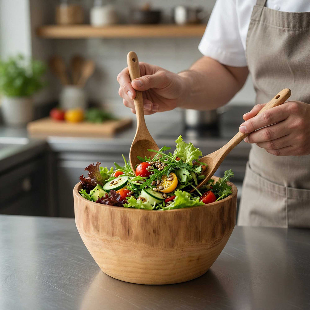 Nature Tek 100 oz Round Natural Wood Serving Bowl - 9 3/4" x 9 3/4" x 5 3/4" - 1 count box
