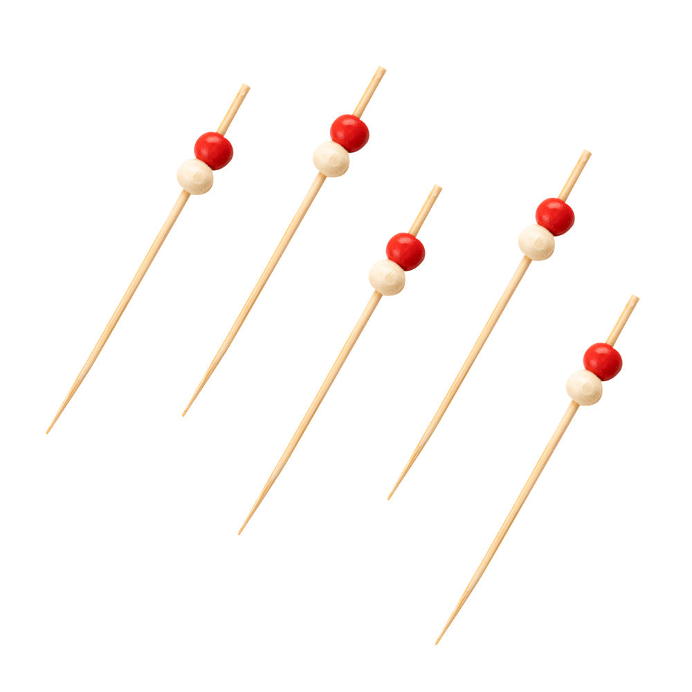 Pixy Red and White Bamboo Beaded Pick - 2 3/4" - 100 count box