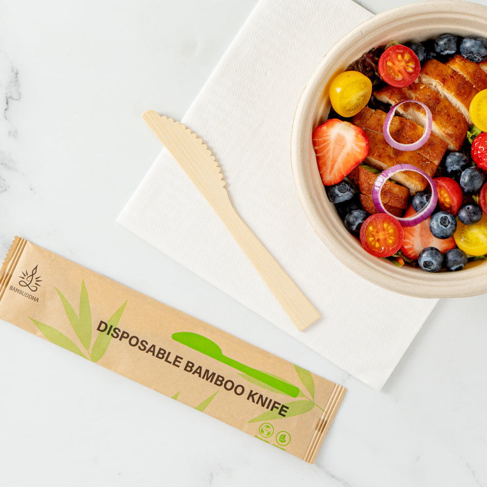 Bambuddha Natural Bamboo Disposable Knife - with Kraft Paper Pouch - 7" x 3/4" - 100 count box