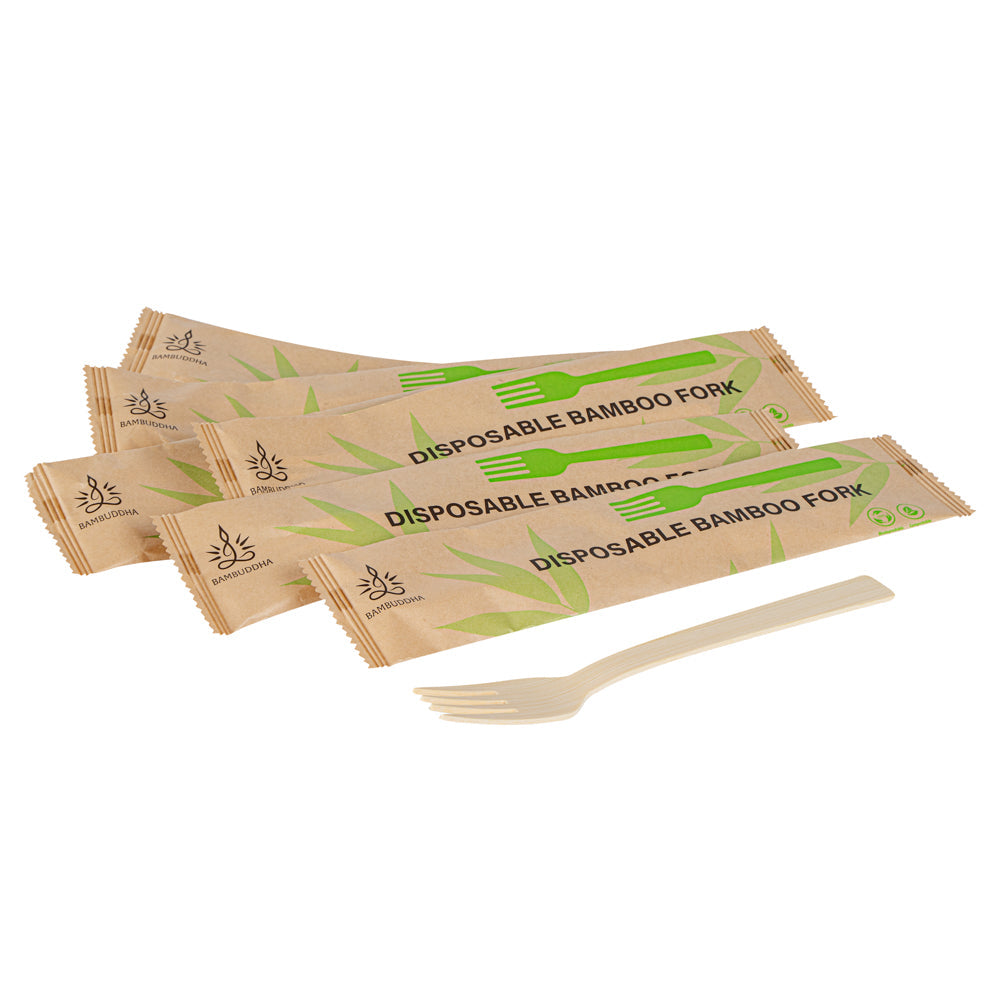 Bambuddha Natural Bamboo Disposable Fork - with Kraft Paper Pouch - 7" x 1" - 100 count box