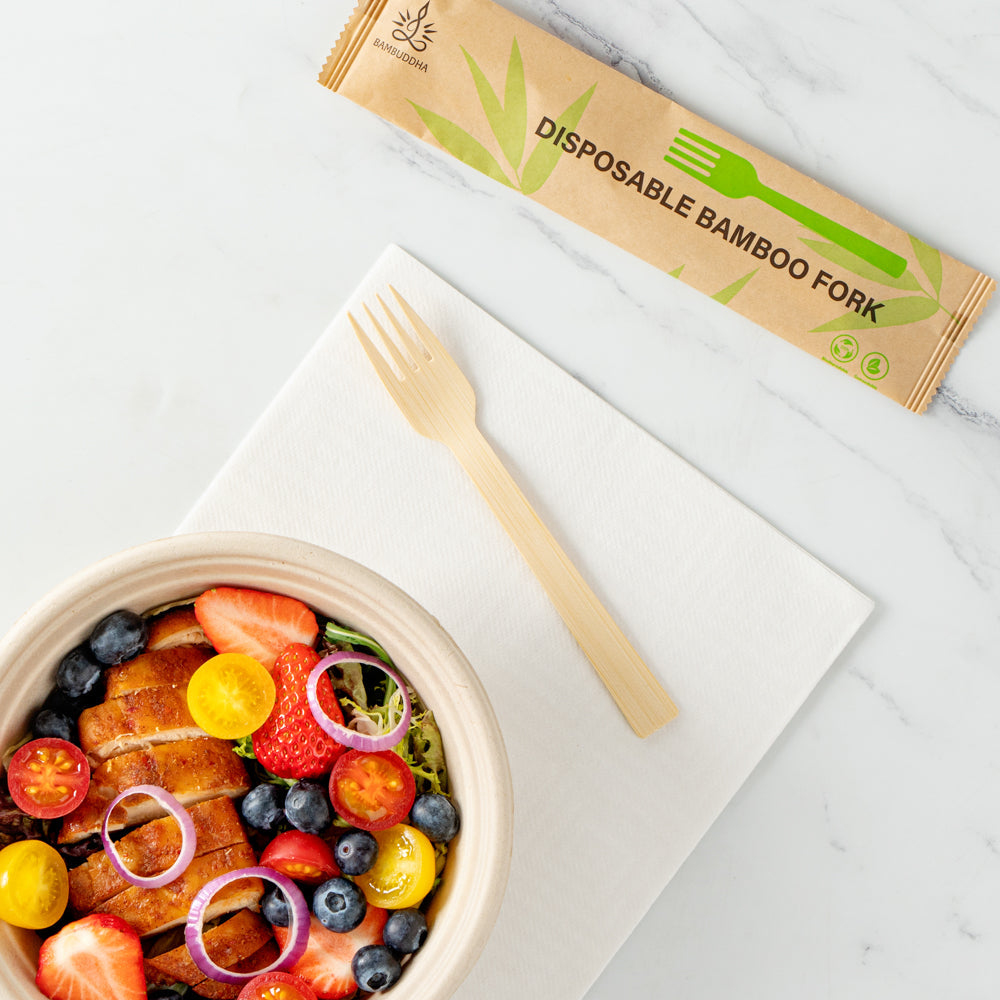 Bambuddha Natural Bamboo Disposable Fork - with Kraft Paper Pouch - 7" x 1" - 100 count box