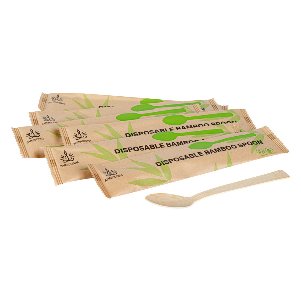 Bambuddha Natural Bamboo Disposable Spoon - with Kraft Paper Pouch - 7" x 1 1/4" - 100 count box