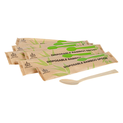 Bambuddha Natural Bamboo Disposable Spoon - with Kraft Paper Pouch - 7" x 1 1/4" - 100 count box