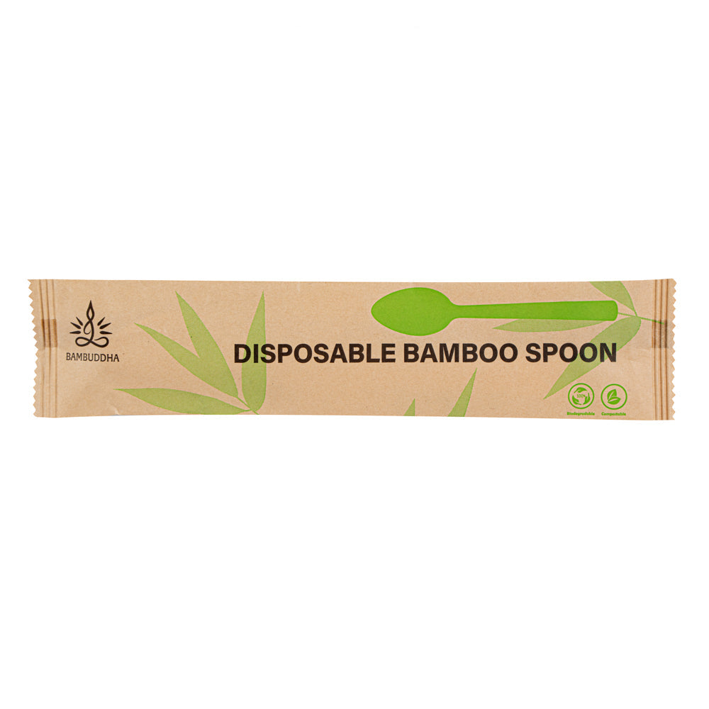 Bambuddha Natural Bamboo Disposable Spoon - with Kraft Paper Pouch - 7" x 1 1/4" - 100 count box