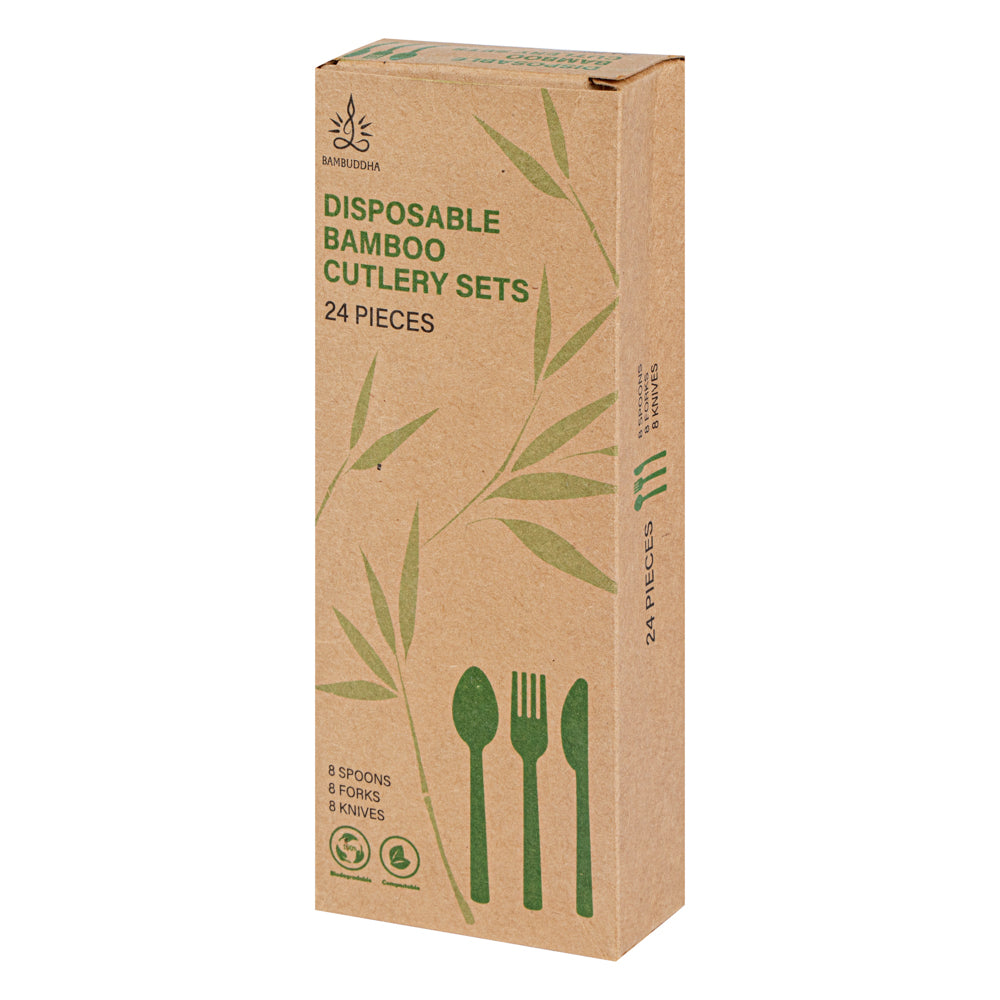 Bambuddha Natural Bamboo Disposable Cutlery Set - Retail Pack - 7" - 24 count box