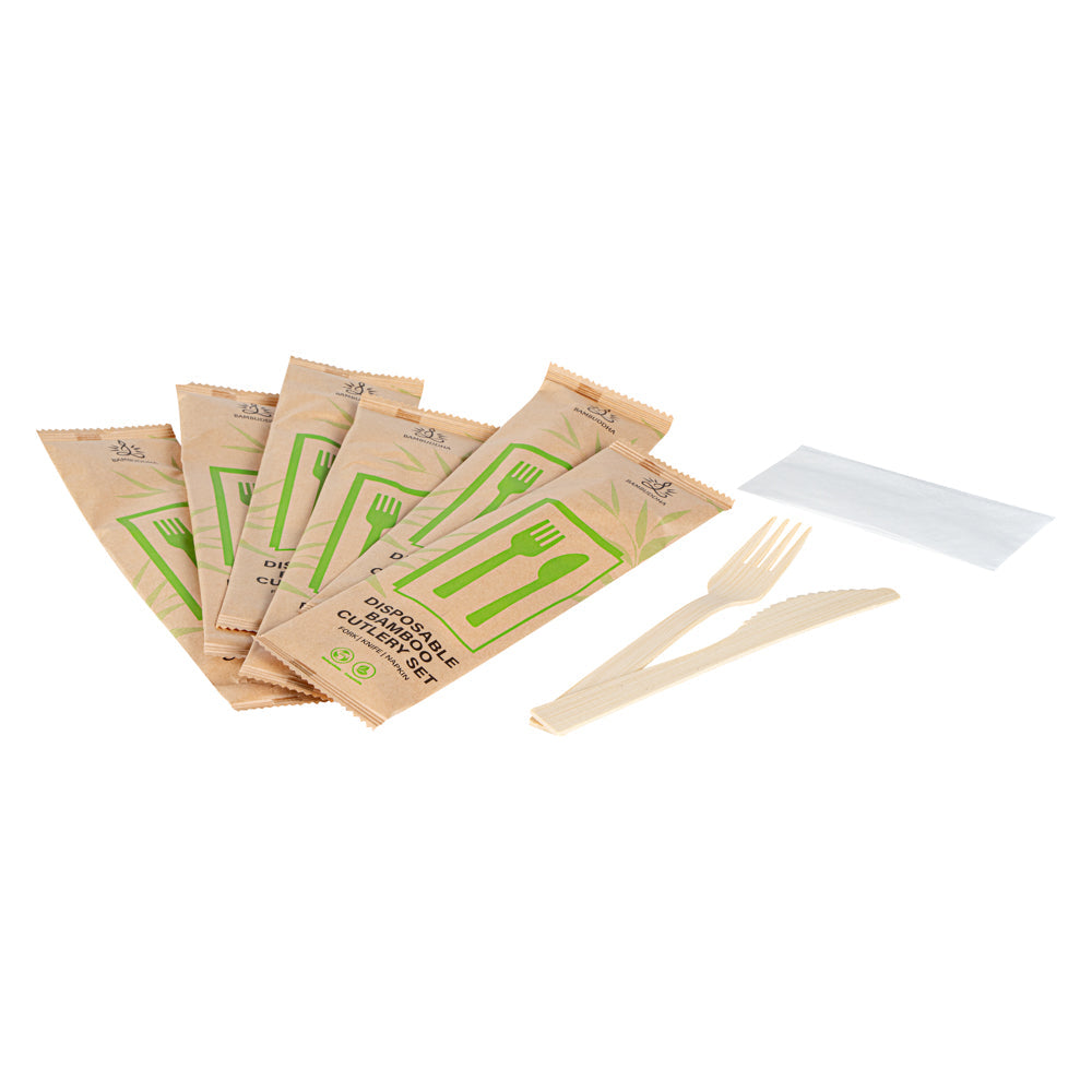 Bambuddha Natural Bamboo Disposable Fork / Knife Set - with White Napkin and Kraft Paper Pouch - 7" - 100 count box