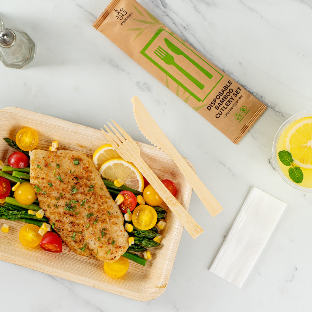 Bambuddha Natural Bamboo Disposable Fork / Knife Set - with White Napkin and Kraft Paper Pouch - 7" - 100 count box
