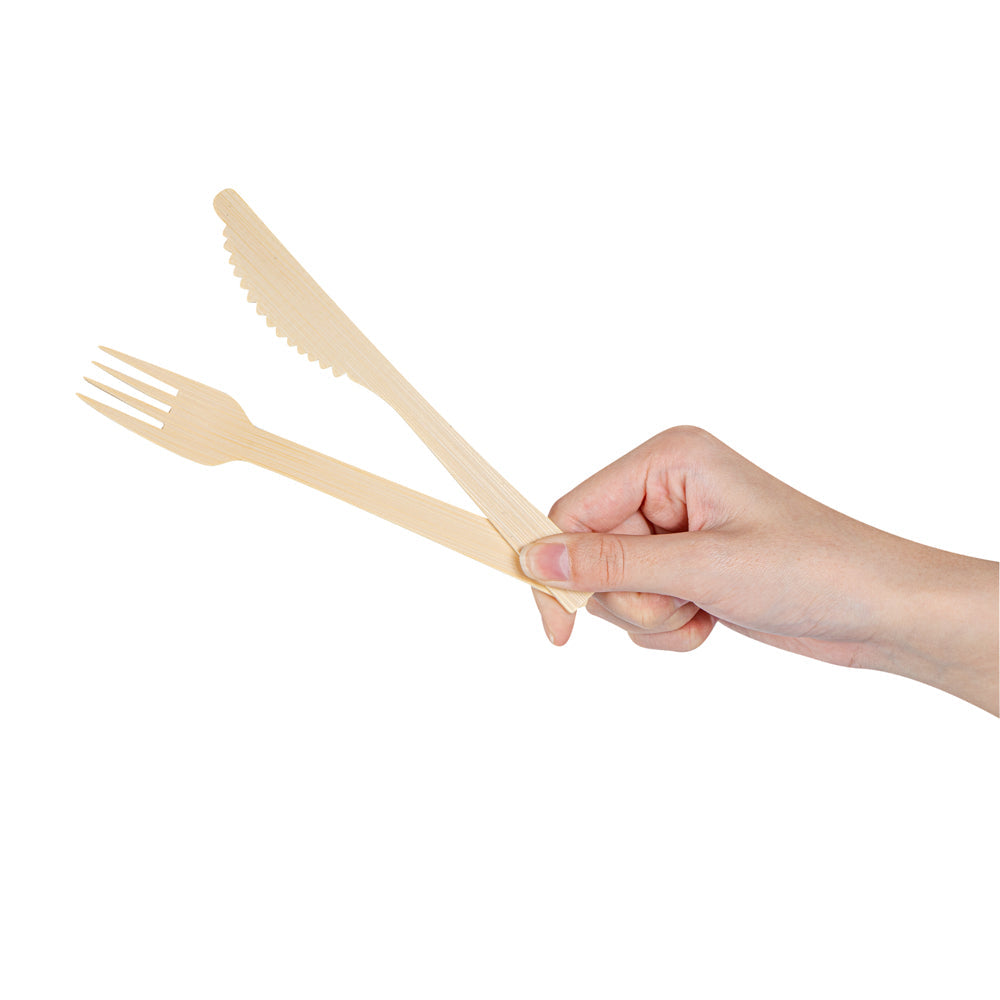 Bambuddha Natural Bamboo Disposable Fork / Knife Set - with White Napkin and Kraft Paper Pouch - 7" - 500 count box