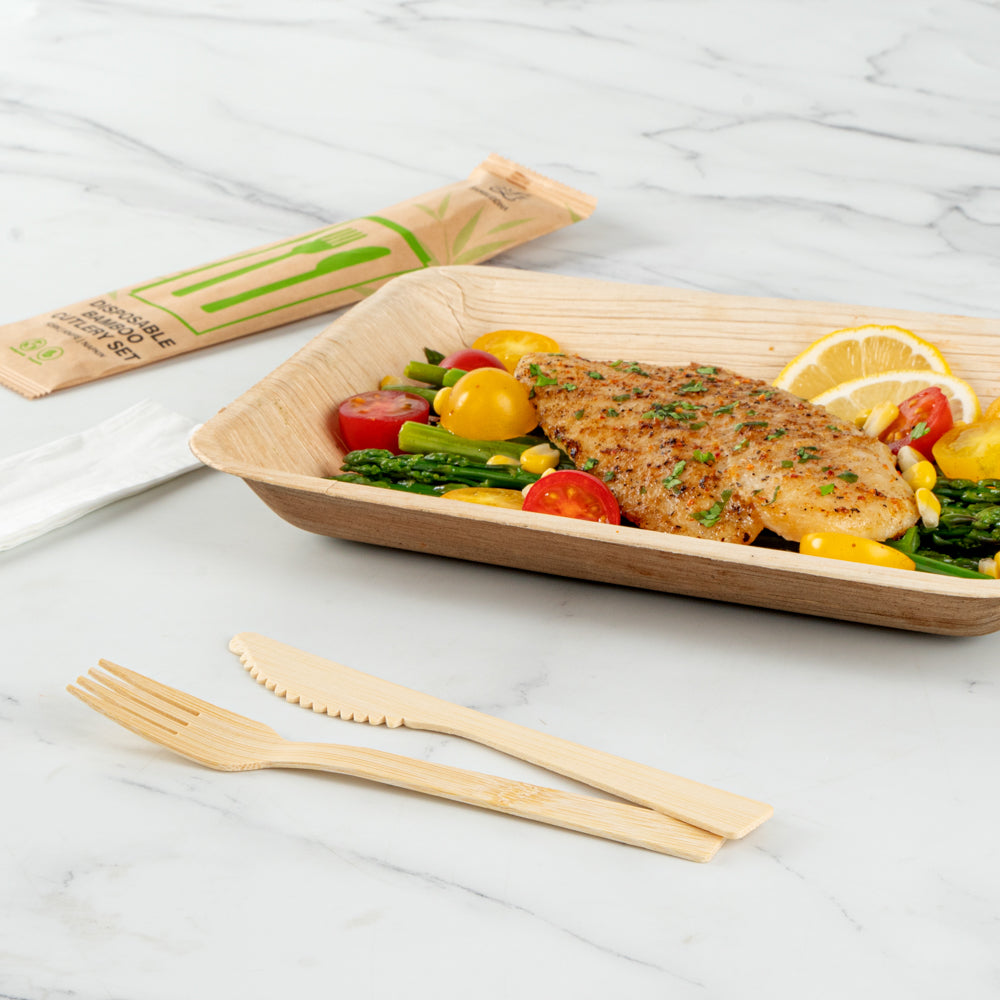 Bambuddha Natural Bamboo Disposable Fork / Knife Set - with White Napkin and Kraft Paper Pouch - 7" - 500 count box