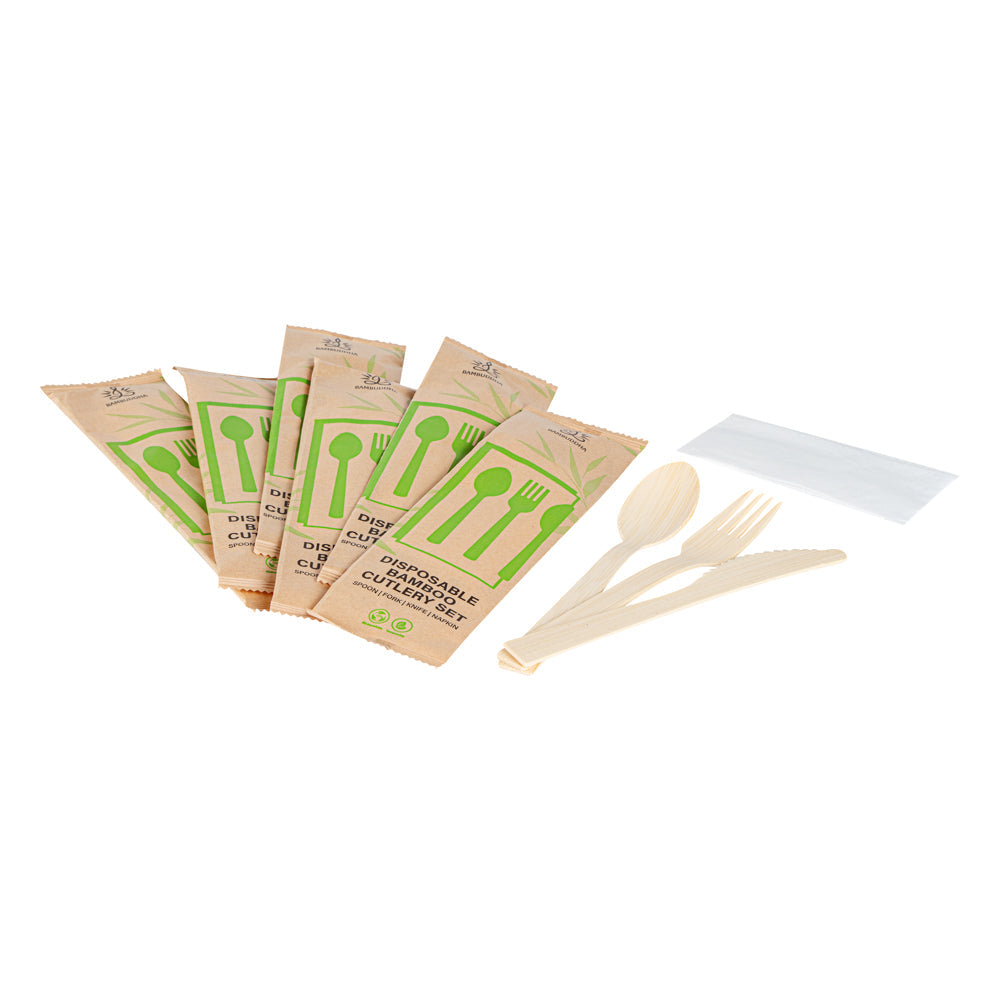 Bambuddha Natural Bamboo Disposable Cutlery Set - with White Napkin and Kraft Paper Pouch - 7" - 100 count box