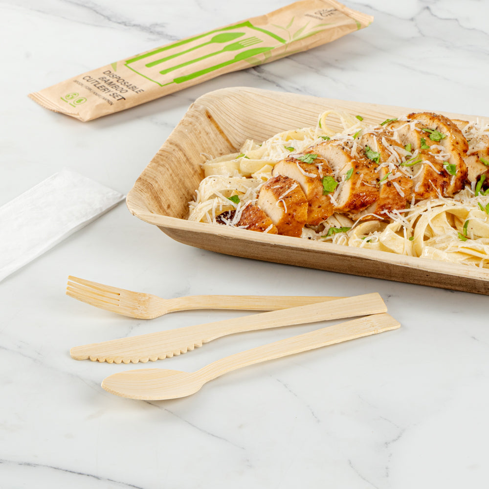 Bambuddha Natural Bamboo Disposable Cutlery Set - with White Napkin and Kraft Paper Pouch - 7" - 100 count box