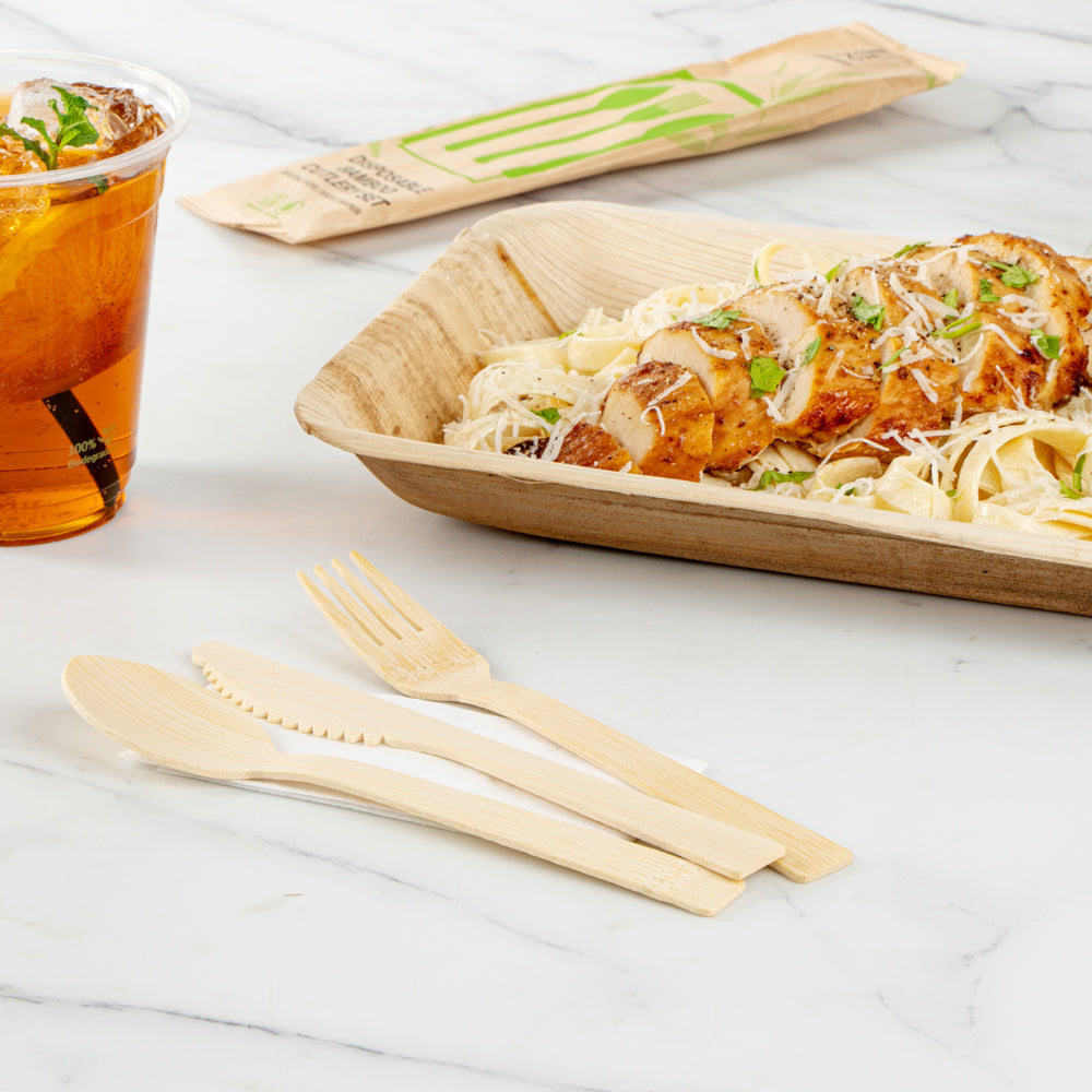 Bambuddha Natural Bamboo Disposable Cutlery Set - with White Napkin and Kraft Paper Pouch - 7" - 500 count box