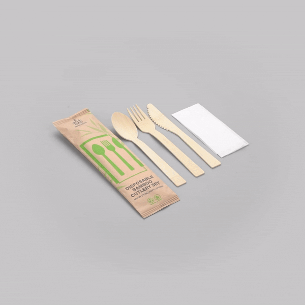 Bambuddha Natural Bamboo Disposable Cutlery Set - with White Napkin and Kraft Paper Pouch - 7" - 500 count box