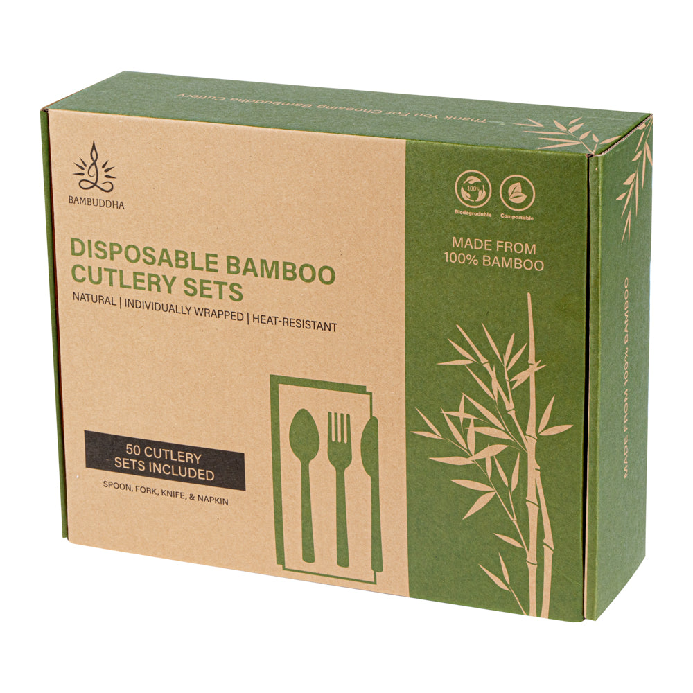 Bambuddha Natural Bamboo Disposable Cutlery Set - with Kraft Paper Pouch - 7" - 50 count box