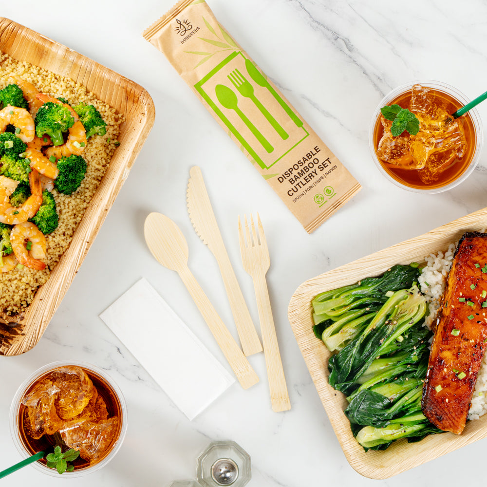 Bambuddha Natural Bamboo Disposable Cutlery Set - with Kraft Paper Pouch - 7" - 50 count box