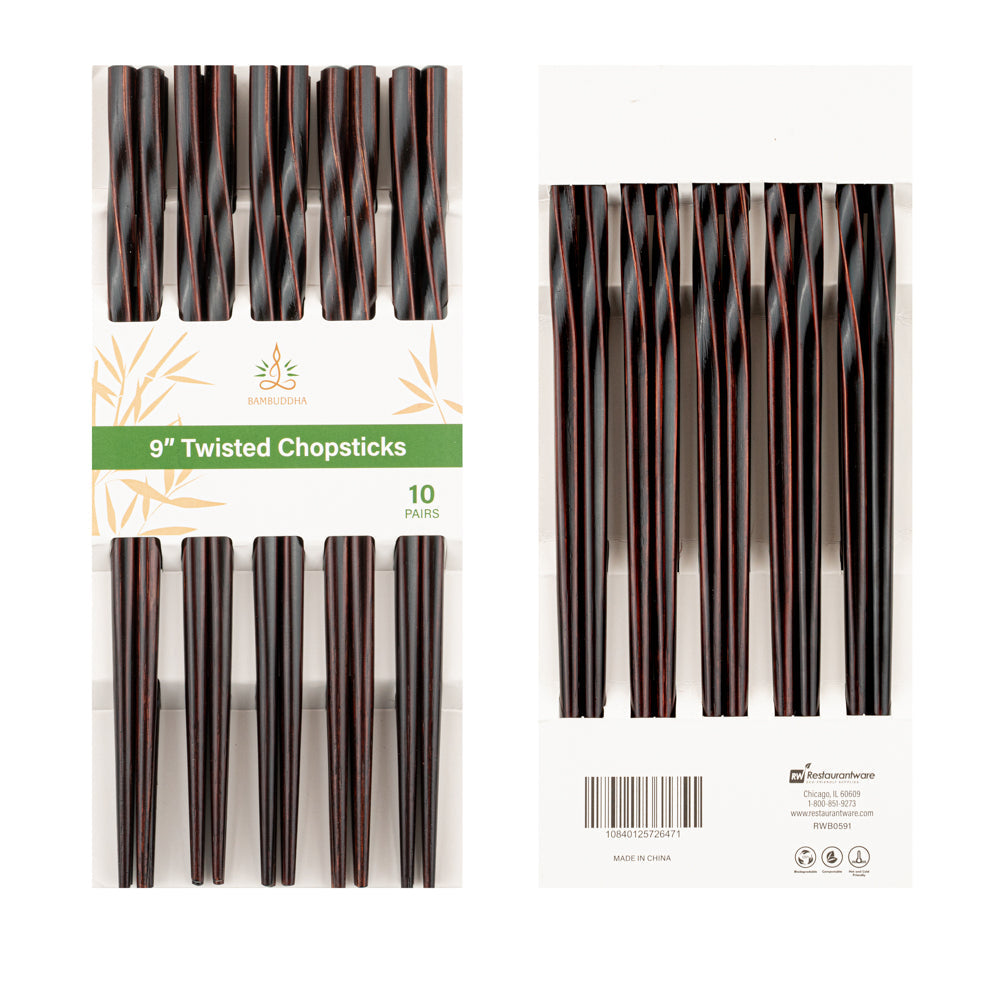 Bambuddha Dark Brown Bamboo Twisted Chopsticks - 9" - 10 count box