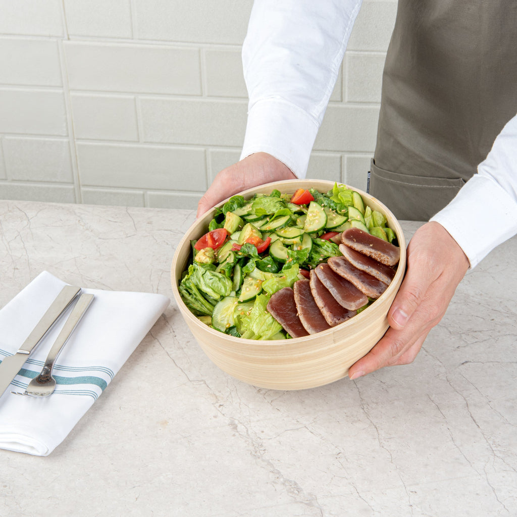 Bambuddha 15 oz Round Natural Spun Bamboo Small Salad Bowl - 7 3/4" x 7 3/4" x 4" - 1 count box