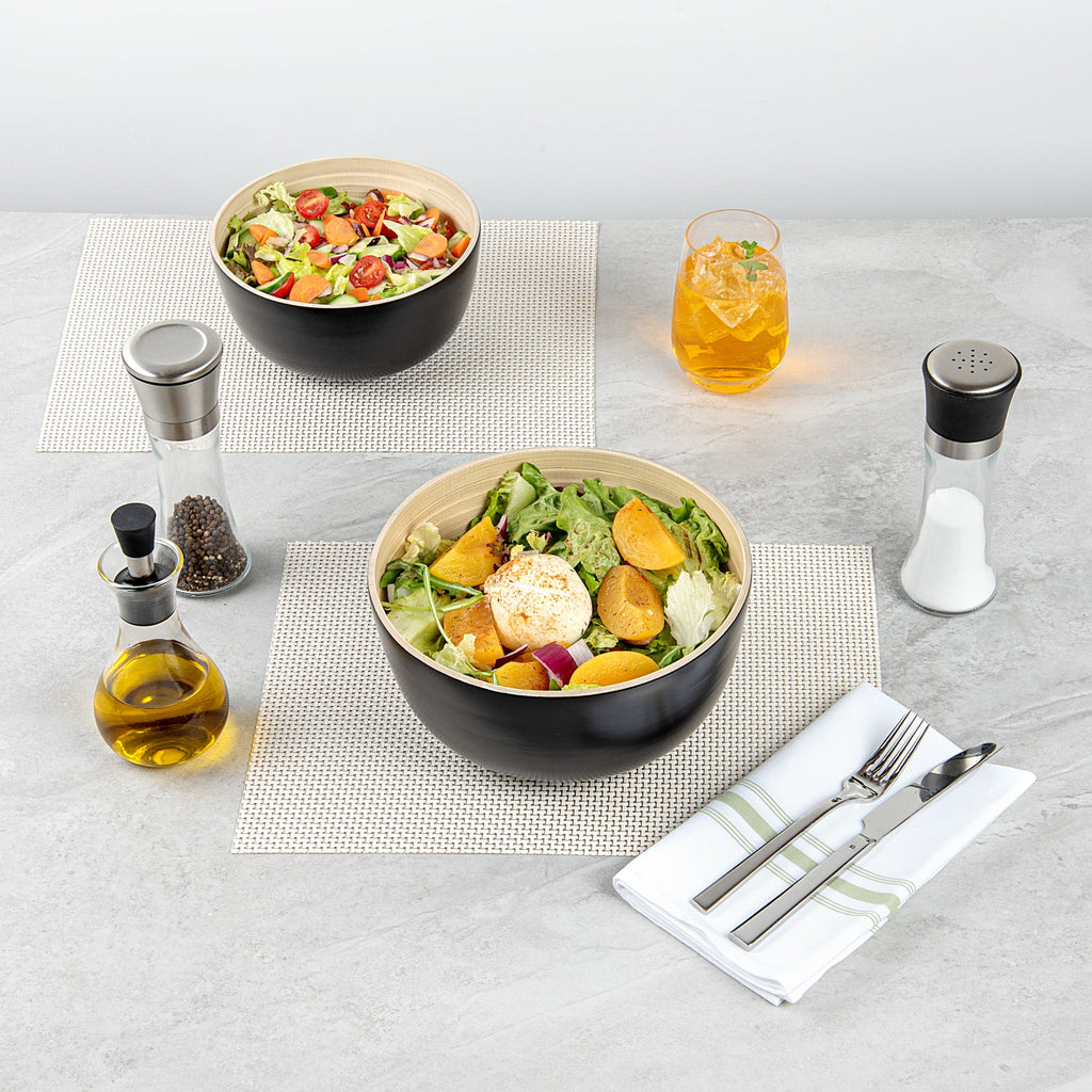 Bambuddha 25 oz Round Black Spun Bamboo Medium Salad Bowl - 9 1/2" x 9 1/2" x 4 3/4" - 1 count box