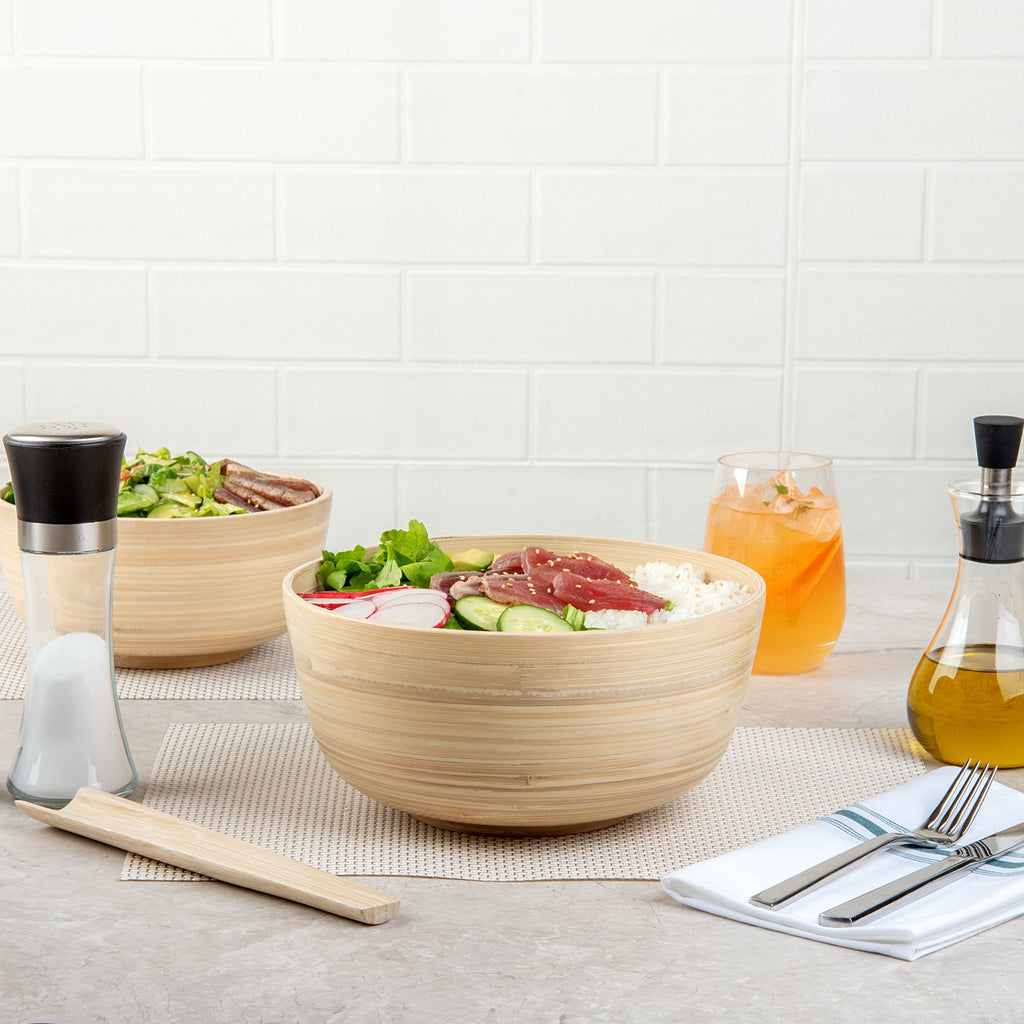 Bambuddha 25 oz Round Natural Spun Bamboo Medium Salad Bowl - 9 1/2" x 9 1/2" x 4 3/4" - 1 count box