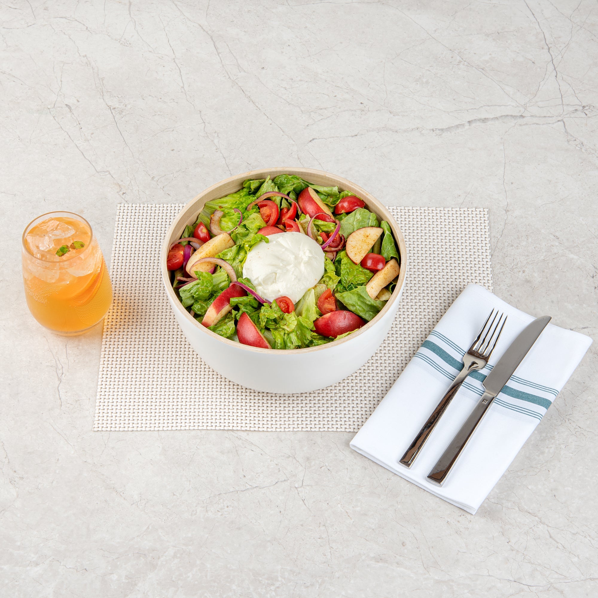 Bambuddha 25 oz Round White Spun Bamboo Medium Salad Bowl - 9 1/2" x 9 1/2" x 4 3/4" - 1 count box