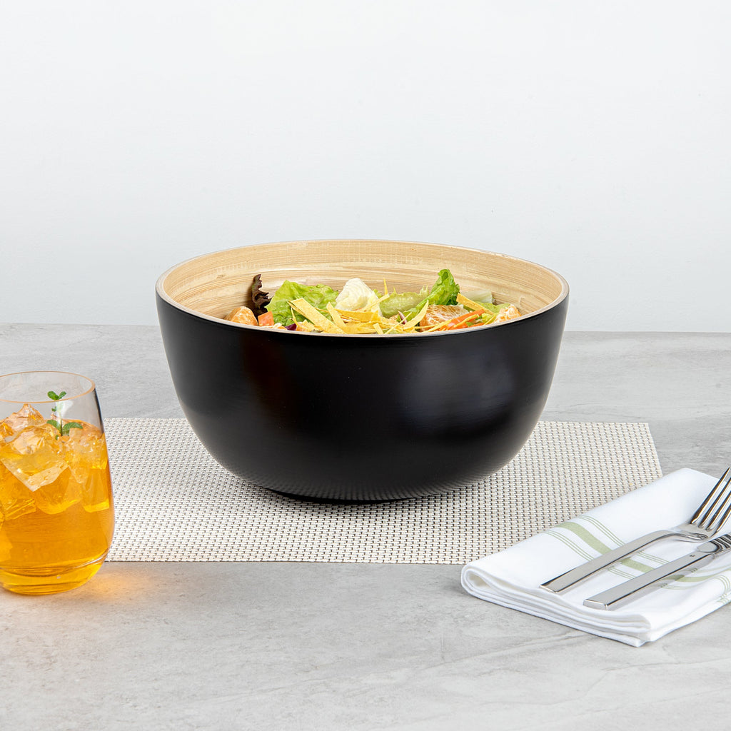 Bambuddha 30 oz Round Black Spun Bamboo Large Salad Bowl - 11" x 11" x 5 1/2" - 1 count box