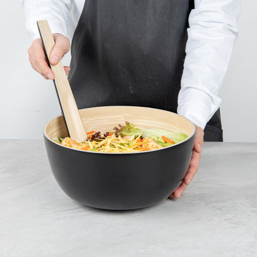 Bambuddha 30 oz Round Black Spun Bamboo Large Salad Bowl - 11" x 11" x 5 1/2" - 1 count box