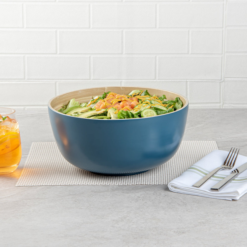 Bambuddha 30 oz Round Blue Spun Bamboo Large Salad Bowl - 11" x 11" x 5 1/2" - 1 count box