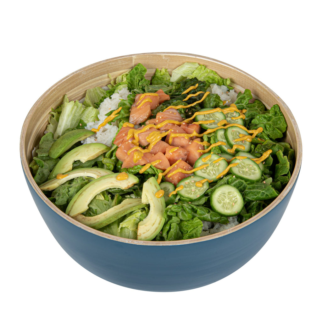 Bambuddha 30 oz Round Blue Spun Bamboo Large Salad Bowl - 11" x 11" x 5 1/2" - 1 count box