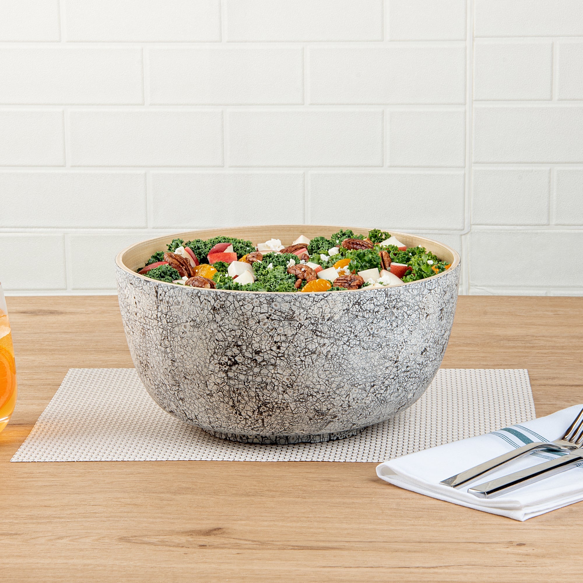 Bambuddha 30 oz Round Gray Spun Bamboo Large Eggshell Salad Bowl - 11" x 11" x 5 1/2" - 1 count box